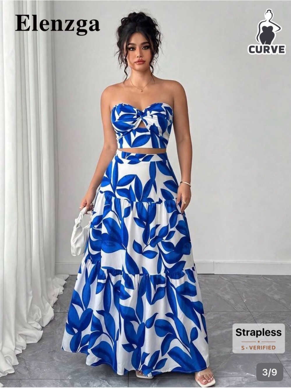 Blue & White Strapless Two-Piece Maxi Dress